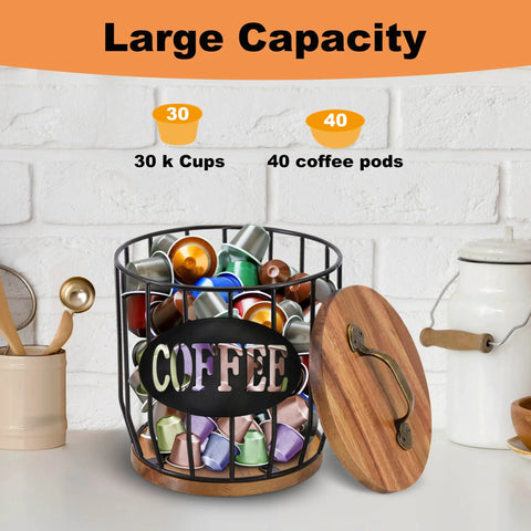 Large Capacity Coffee Filter Holder With Lid, Pod Organizer for K Cups and Filters, wood and metal container on countertop