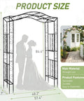 Metal Garden Arch Trellis For Climbing Plants, Durable Iron Garden Arbor With Long Ground Stakes, Outdoor Wedding And Party Decor, Weatherproof Powder Coated Archway For Yard Or Patio, Product Size Diagram