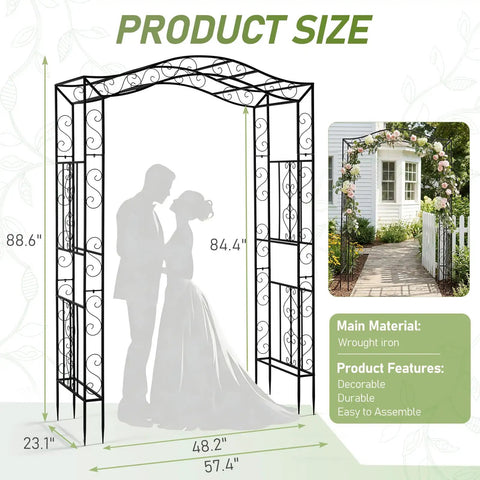 Metal Garden Arch Trellis For Climbing Plants, Durable Iron Garden Arbor With Long Ground Stakes, Outdoor Wedding And Party Decor, Weatherproof Powder Coated Archway For Yard Or Patio, Product Size Diagram