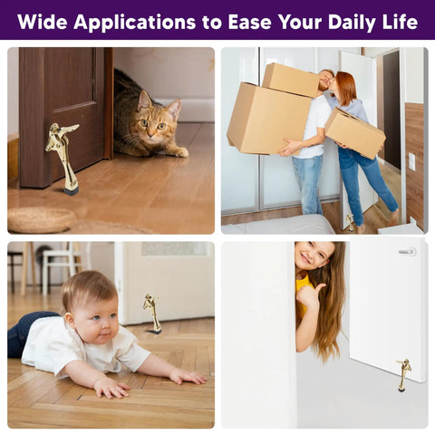 Pedal Kick Down Door Stopper Hands Free Door Hold Open Easy Step Doorstop With Height Adjustable Rubber Foot Premium Zinc Alloy Build 4 Inch Gold Finish 1 Pack Sturdy Works On Carpet Wood Cement shown in various applications