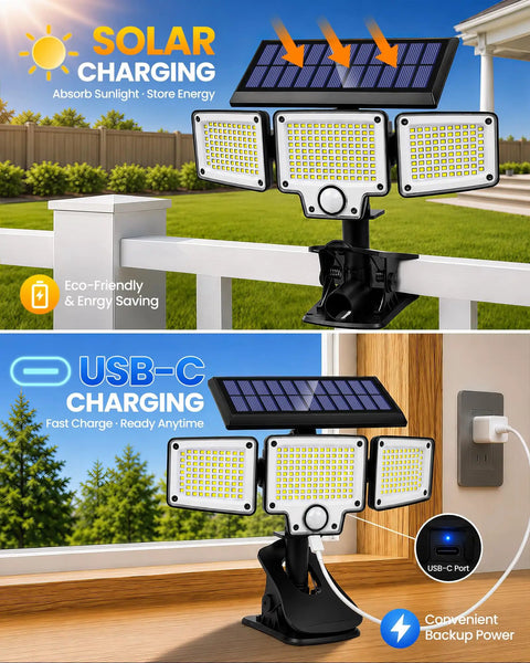 Super Bright Clip On Solar Outdoor Flood Light With Smart Motion Sensor And USB C Recharging Heavy Duty Clamp on a railing near a garden.