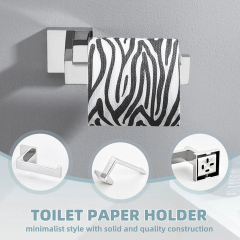 4 Piece Bathroom Hardware Set With Robe Hook Toilet Paper Holder Towel Holder And Towel Bar In SUS304 Stainless Steel Polished Chrome, featured toilet paper holder with zebra design.