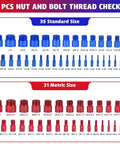 66 Piece Thread Checker Set For Nut And Bolt Size Checks In Tight Spaces With SAE And Metric Gauges DIY Friendly Includes 35 Standard And 31 Metric Sizes For Quick Easy Identification; blue and red thread gauges