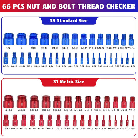 66 Piece Thread Checker Set For Nut And Bolt Size Checks In Tight Spaces With SAE And Metric Gauges DIY Friendly Includes 35 Standard And 31 Metric Sizes For Quick Easy Identification; blue and red thread gauges