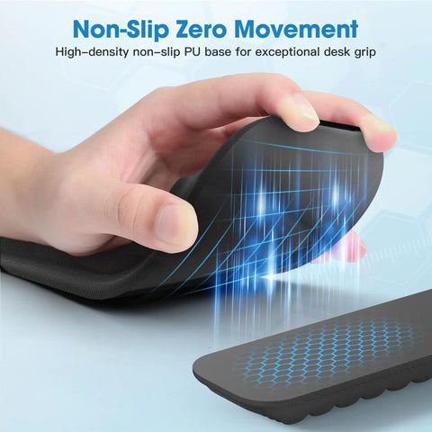 Close-up of a hand pressing a Keyboard Wrist Rest Memory Foam Pad For Pain Relief And Comfort Ergonomic Hand Support with massage pattern.