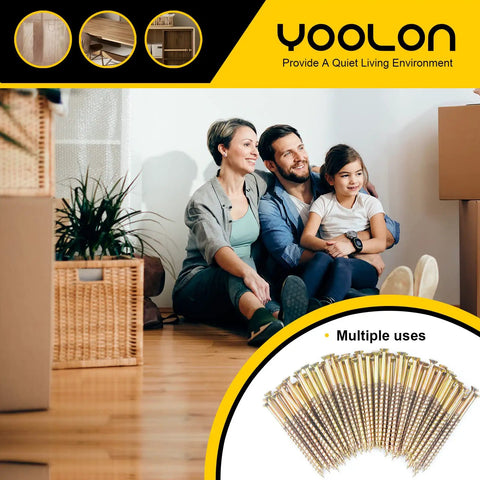 Family sitting on floor with Ultimate Floor Repair Kit With 250 Replacement Screws To Stop Squeaks And Floor Noise Through Carpet