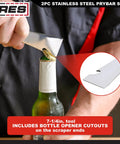 Two Piece Stainless Steel Prybar Scraper Set With 90 Degree Pry Ends Remove Residue From Gaskets And Surfaces Built In Nail Puller And Bottle Opener for opening a bottle.