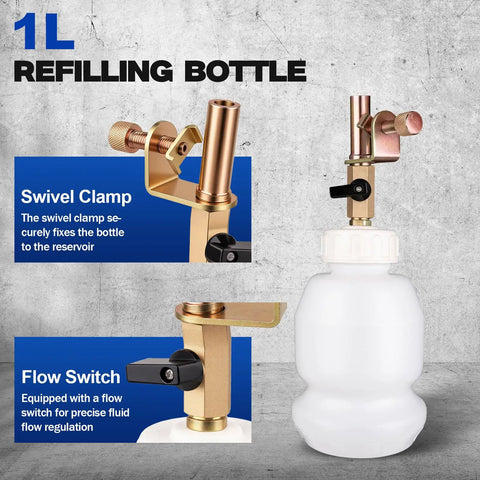 1L refilling bottle with swivel clamp and flow switch from Pneumatic Brake Bleeder Kit With 3L Suction Can, 1L Refill Bottle And 22 Universal Fittings