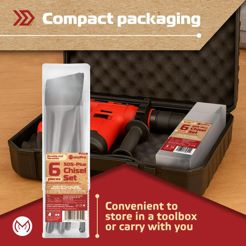 Must Have Pro Grade SDS Plus Chisel Set For Rotary Hammer Drills 6 Piece Kit in compact packaging next to rotary hammer.