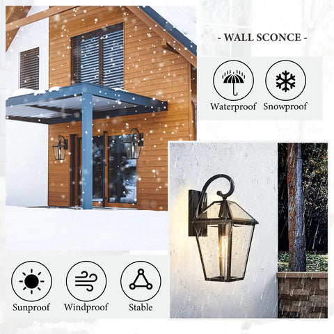 Big Outdoor Wall Lanterns Weatherproof Exterior Light Fixture With Glass Shade Matte Black Finish 21 Inch Wall Mount Porch Light For House Garage Patio Front Door Outdoor Lighting, shown beside snow-covered house