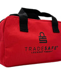 Heavy Duty Lockout Tagout Bag for LOTO Devices, red polyester canvas carry case with strong handles, front view, tear resistant
