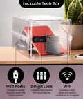 Premium Lock Box With Three-Digit Combination for food, meds, and home safety, crystal clear polycarbonate, 12x8x6.6 inches, shown on desk