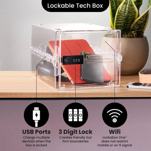 Premium Lock Box With Three-Digit Combination for food, meds, and home safety, crystal clear polycarbonate, 12x8x6.6 inches, shown on desk