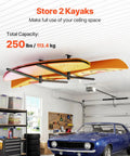 Beefy Ceiling Kayak Rack For Two Kayaks Up To 250 Lbs Heavy Duty Adjustable Overhead Garage Hanger installed with kayaks