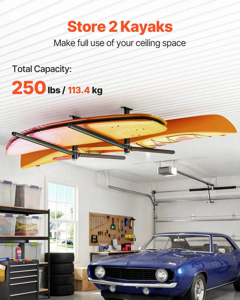 Beefy Ceiling Kayak Rack For Two Kayaks Up To 250 Lbs Heavy Duty Adjustable Overhead Garage Hanger installed with kayaks