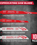 Front view of 10-piece reciprocating saw blade set for wood and metal, with 6 in and 8 in blades