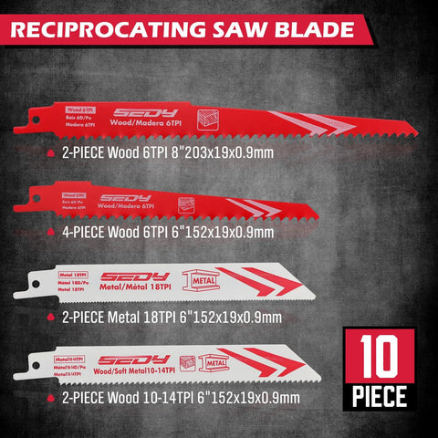 Front view of 10-piece reciprocating saw blade set for wood and metal, with 6 in and 8 in blades