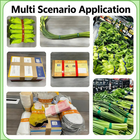Automatic Tape Tying Machine With Foot Pedal Trigger And Optic Sensor For Produce Bagging used in produce packaging and bundling.