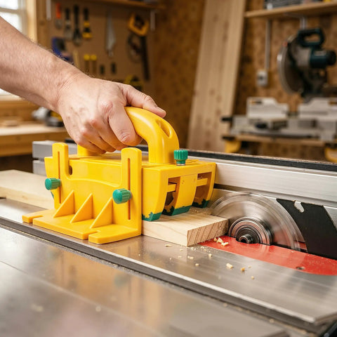 Table Saw Push Block For Woodworking With No Slip Grip And Multidirectional Control in use while making precise cuts