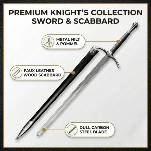 41.25 Inch One Hand Medieval Sword With Dull Carbon Steel Blade, Faux Leather Wrapped Wood Scabbard, Non Battle Ready
