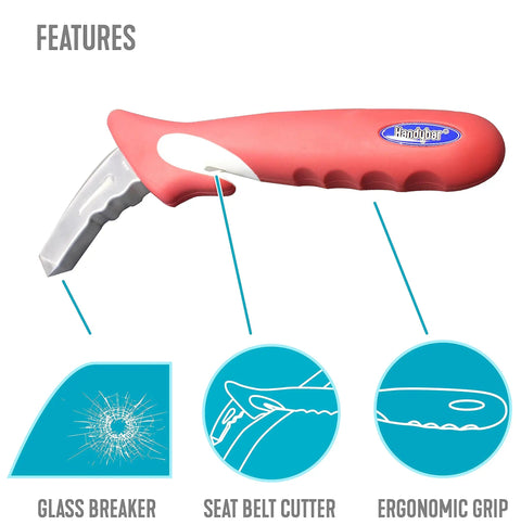 Portable Car Door Grab Bar With Window Breaker And Seat Belt Cutter For Adults And Seniors, red ergonomic grip, glass breaker tip