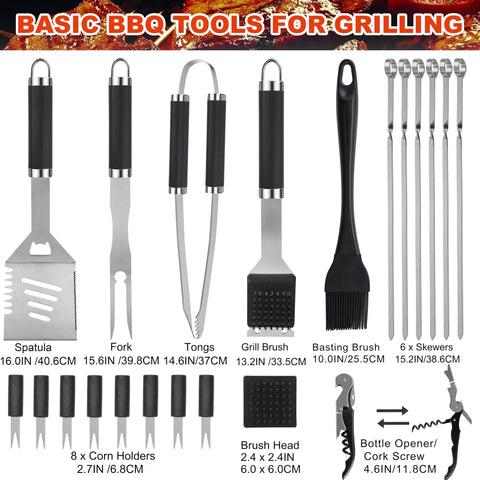22 Piece Stainless Steel BBQ Tools Set With Aluminum Case Outdoor Grill Accessories Kit including spatula, fork, tongs, basting brush, and more