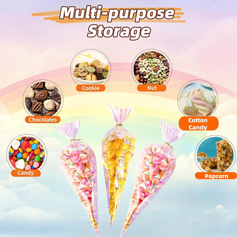 50 Pack Cone Shaped Clear Cellophane Treat Bags With Twist Ties Rainbow Color Party Favor Bags filled with treats