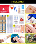All In One 160 Piece Survival And First Aid Kit For Outdoors With Upgraded MOLLE Bag, showing contents and application examples