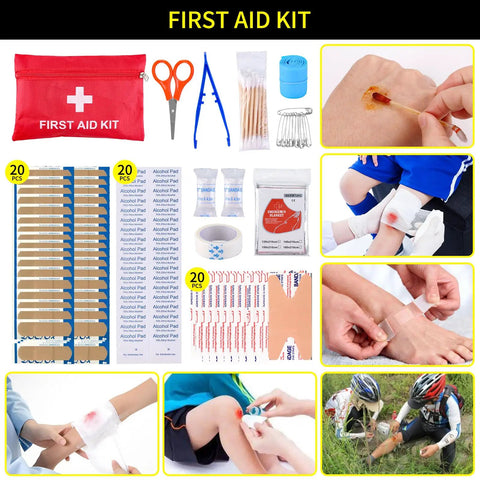 All In One 160 Piece Survival And First Aid Kit For Outdoors With Upgraded MOLLE Bag, showing contents and application examples