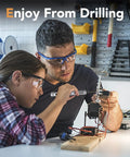 Smooth Operator Mini Electric Drill Pen With Bright Led Torch and Crisp Digital Readout Heavy Duty Aluminum Frame Includes Ten Versatile Bits Compact Rotary Power Driver For Jewelry And Woodcraft Projects Crush Jobs Quick Nail Every Detail used by a man and child for precise drilling on a wood project.