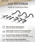 9 Piece Titanium Black Nose Studs Set with L Shaped Straight and Corkscrew Designs for Sensitive Skin Includes 20G Surgical Grade G23 Titanium Nostril Rings, featuring sparkling diamond CZ.