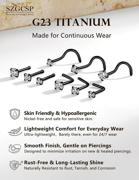 9 Piece Titanium Black Nose Studs Set with L Shaped Straight and Corkscrew Designs for Sensitive Skin Includes 20G Surgical Grade G23 Titanium Nostril Rings, featuring sparkling diamond CZ.
