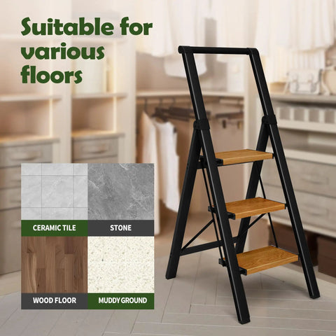Three Step Foldable Aluminum Ladder With Black Woodgrain Finish, Lightweight Space Saving Step Stool For Home Kitchen And Garage Opens To 44.8 In High 18.9 In Wide 25.9 In Deep Top Step At 26.7 In 9 In Between Steps on tile floor