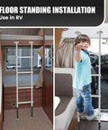 Lightweight Aluminum RV Bunk Ladder With 4 Steps, 3 Fixed Height Settings (59.5, 60.5, 61.5 Inches), Anti-Slip Rungs For Safety, Easy Pre-Assembled Install, Perfect For Bunk Beds, Campers, Dorms, And Kids Rooms. Floor-standing RV ladder installed inside a camper with a child climbing it.