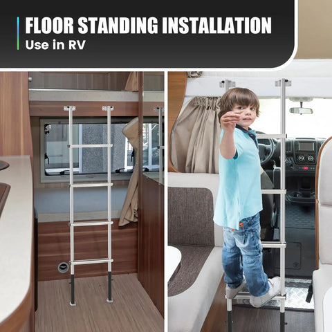 Lightweight Aluminum RV Bunk Ladder With 4 Steps, 3 Fixed Height Settings (59.5, 60.5, 61.5 Inches), Anti-Slip Rungs For Safety, Easy Pre-Assembled Install, Perfect For Bunk Beds, Campers, Dorms, And Kids Rooms. Floor-standing RV ladder installed inside a camper with a child climbing it.