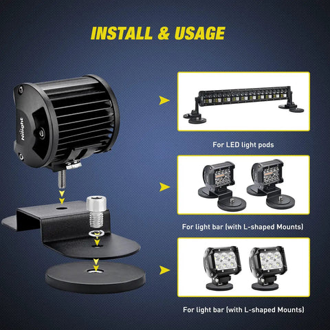Diagram showing installation of beefy universal magnetic base light bar mounts with rubber boot for LED pod work lights.