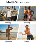Men wearing Mens Swim Trunks With 9 Inch Inseam And Mesh Lining Quick Dry Stretch Board Shorts With Zip Pockets Camouflage Pattern Ideal For Pool And Beach Durable 2XL Swimwear in different activities.