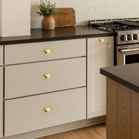 Kitchen with 12 Pack 3 Inch Brushed Brass Cabinet Drawer Pulls Cup Style Handles For Kitchen Hardware on white cabinets