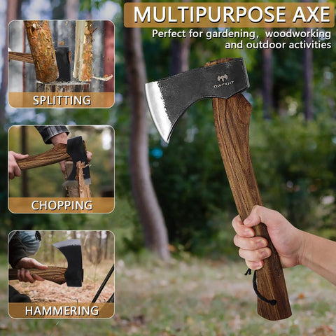 15.7 Inch Camping Hatchet With Beech Handle, Hand Forged Axe held for woodworking in a forest