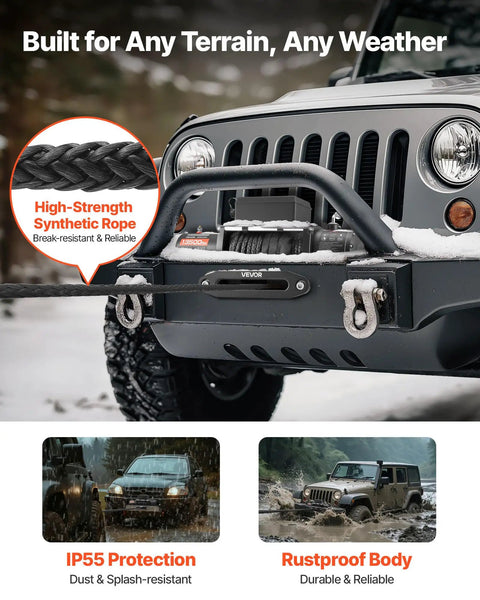 Beefy 13,500 Lb Electric Winch For Off Road Recovery, 12V DC Truck Winch With 3/8 In 85 Ft Synthetic Rope, Wireless And Wired Remote, IP55 Waterproof, Heavy Duty Recovery For SUVs Jeeps Trailers Boats mounted on a Jeep bumper in snow