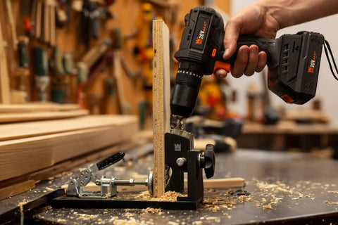 Using a pocket hole jig kit for woodworking with metal body to drill into wood, featuring an adjustable clamp and heavy-duty aluminum base.
