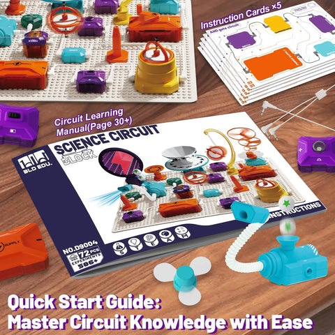 Circuit Science Kit for Kids With 76 STEM Projects with instruction cards, components, and manual on wooden surface