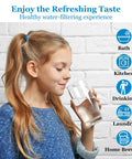 Girl drinking water, showcasing Combo Pack FX12P FX12M Or TFM-24 Water Filter Replacement Kit use in kitchen and home brewing.