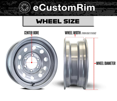 Front and side view of a silver wheel rim with labeled center bore, wheel width, and diameter.