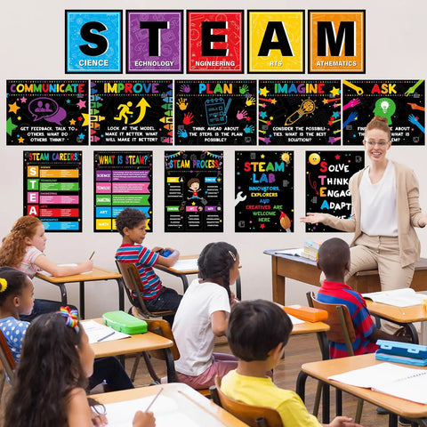 Classroom with students and teacher, 16 Piece STEAM Science Poster Set For Classrooms With Adhesive Dots And Eye Catching STEAM Banner