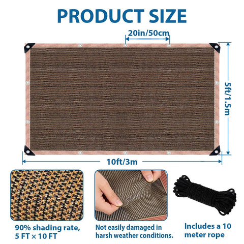 90 Percent UV Blocking Sun Shade Cloth with Grommets for 5x10 Foot Pergola, shown in mocha color with mesh tarp details.