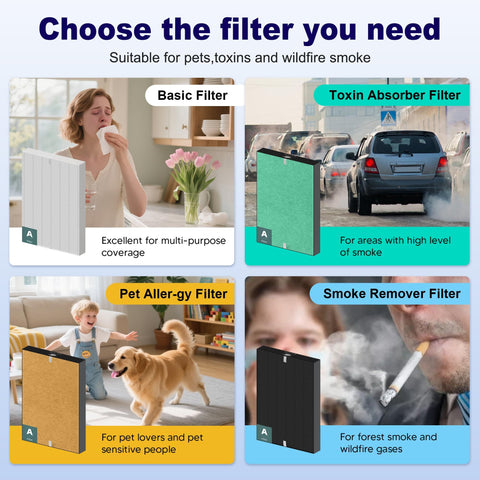 Choose the filter you need for various air quality concerns, featuring four filter types with different focus areas and compatible models.