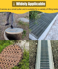Heavy Duty Manhole Hook Lifter Tool For No Sweat Drain Lid Raising And Tough As Nails Trampoline Spring Retrieval featuring various lifting scenarios.