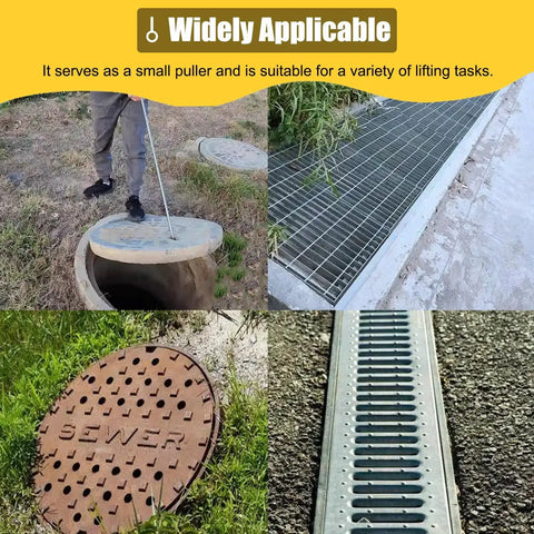 Heavy Duty Manhole Hook Lifter Tool For No Sweat Drain Lid Raising And Tough As Nails Trampoline Spring Retrieval featuring various lifting scenarios.