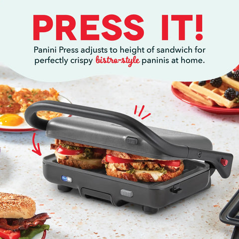 Dash MultiMaker Flex Press Grill With Swap-It Plates, Electric Indoor Countertop Nonstick Removable Cooking Surfaces For Burgers Sandwiches And Breakfast Made Easy With Forg Iron Build, panini press with adjustable height.